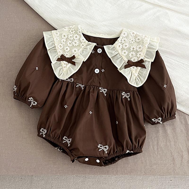 Baby-Krabbelstrampler im koreanischen Stil mit besticktem Kragen - Langarm, Niedrige Vollabdeckung für Frühling/Herbst.