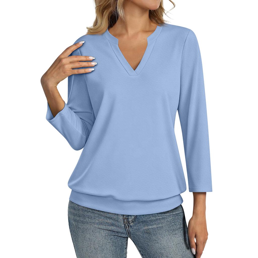 Damska Codzienna Modna Koszulka z Rękawem 3/4 Top z Dekoltem V