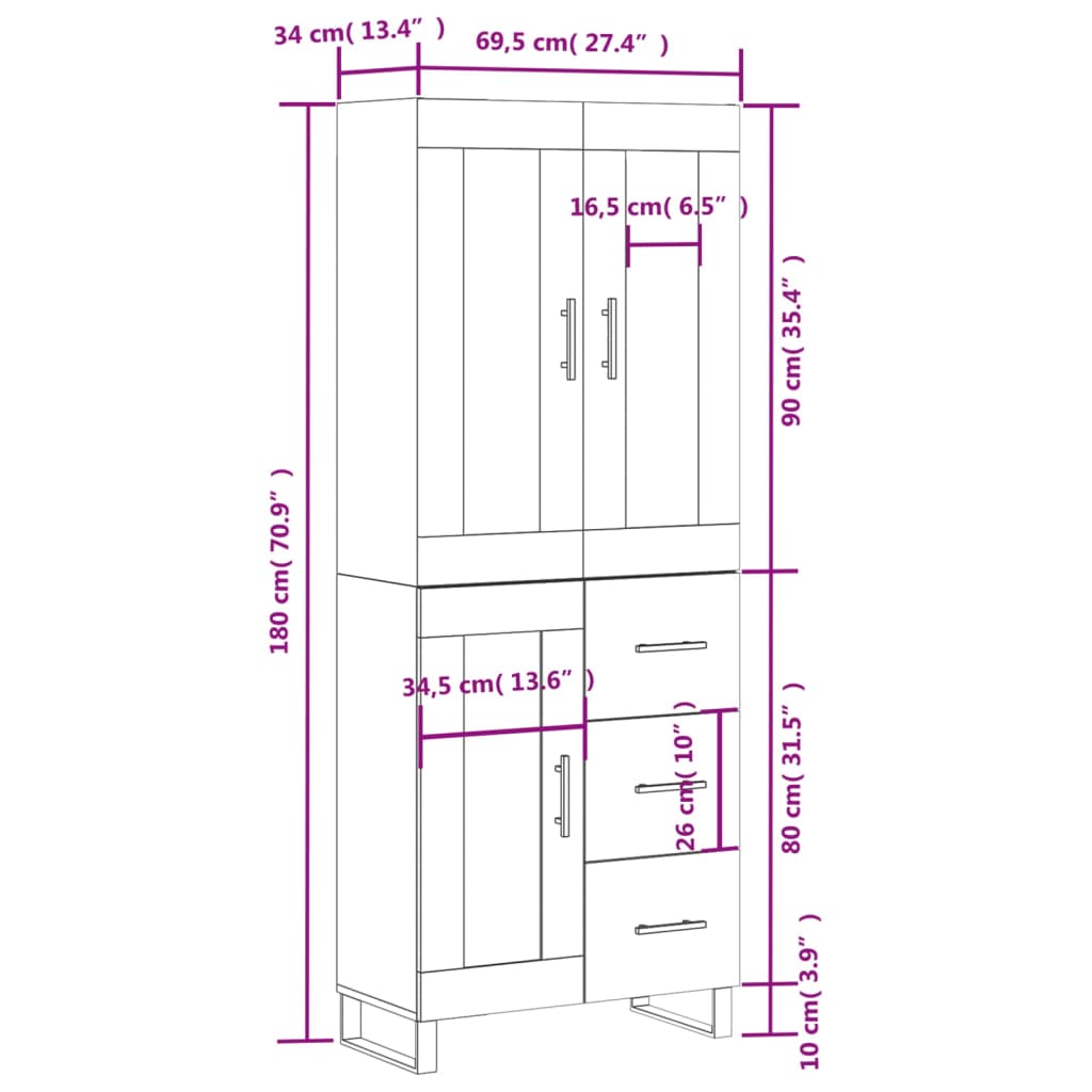 Highboard Concrete Grey 69.5 x 34 x 180 cm Engineered Wood