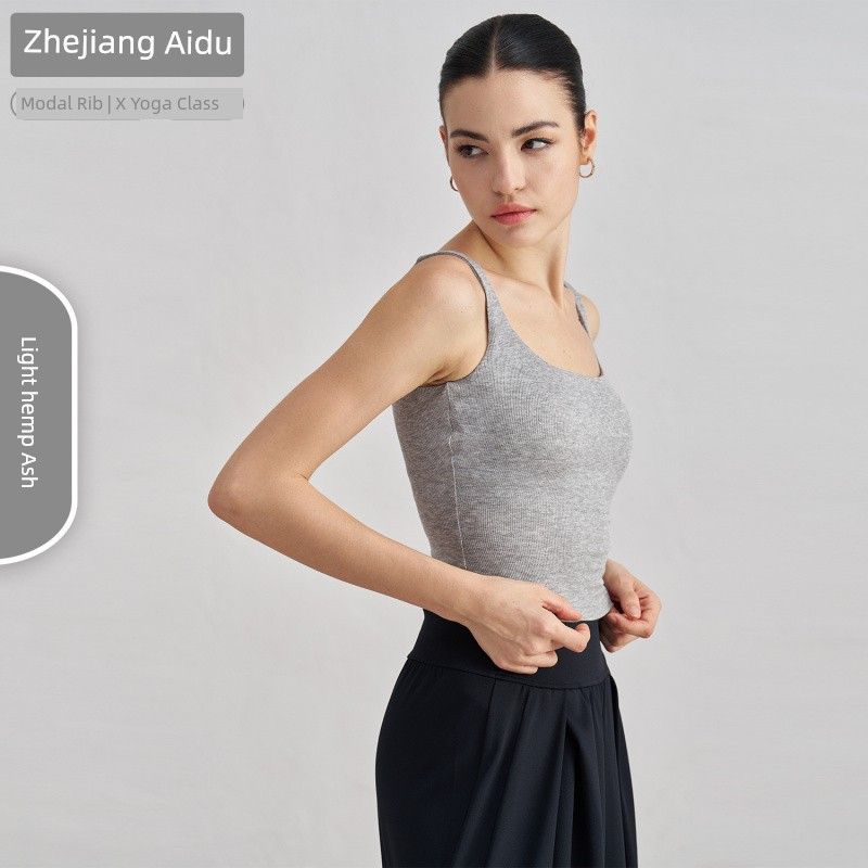 

Modal Rib Nude Feel Yoga Vest Women s Wide Shoulder Beauty Back Exercise Underwear with Chest Pad Long Workout Bra light gray hemp S/4