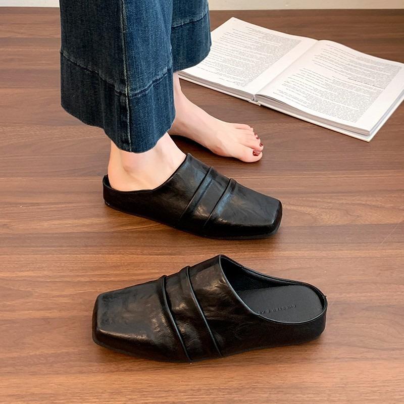 2026 New Summer Women Mules Genuine Leather Men Shoes Cover Toe Shoes Squared Toe Low Heel Sandals Pleated Modern Slippers