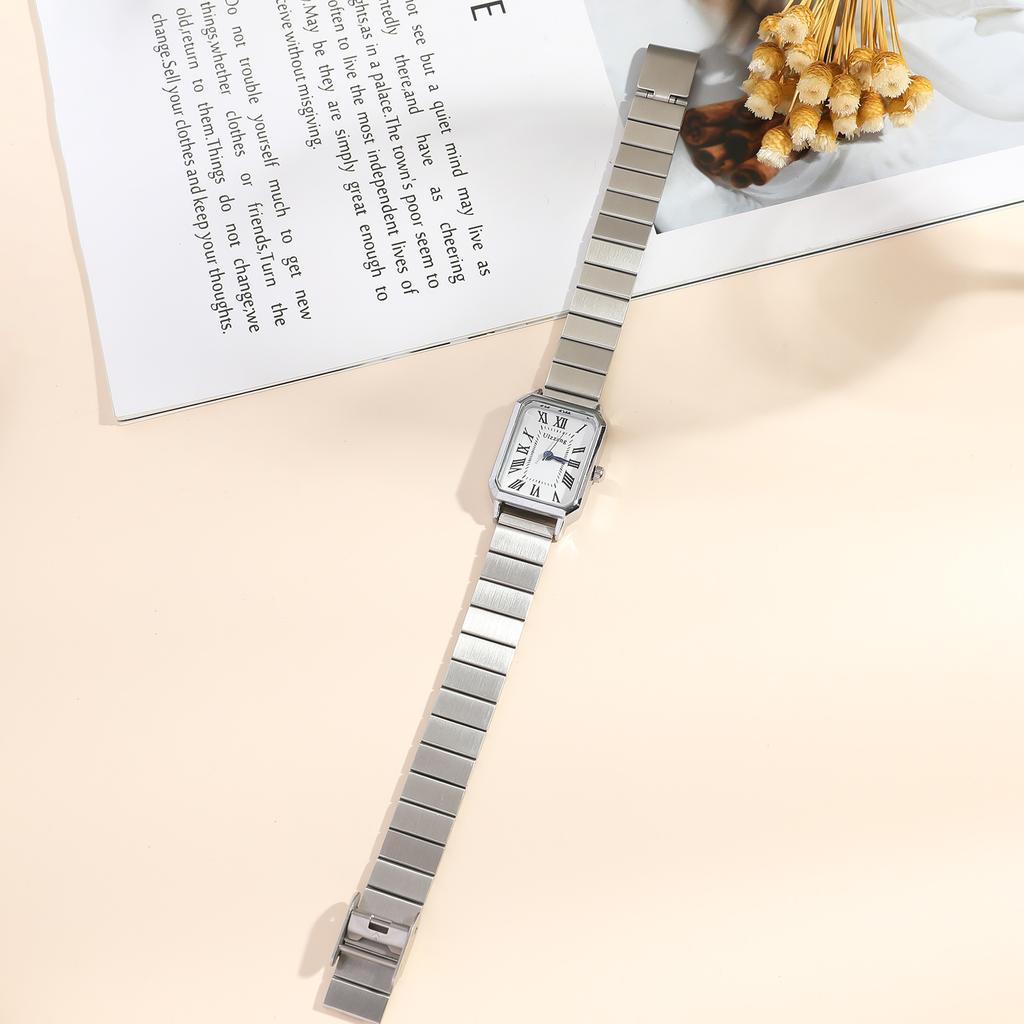 Simple Casual Women Roman Scale Dial Steel Belt Quartz Watch