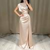 Women's Satin Round Neck Long Pleated Waist Dress for Evening Party