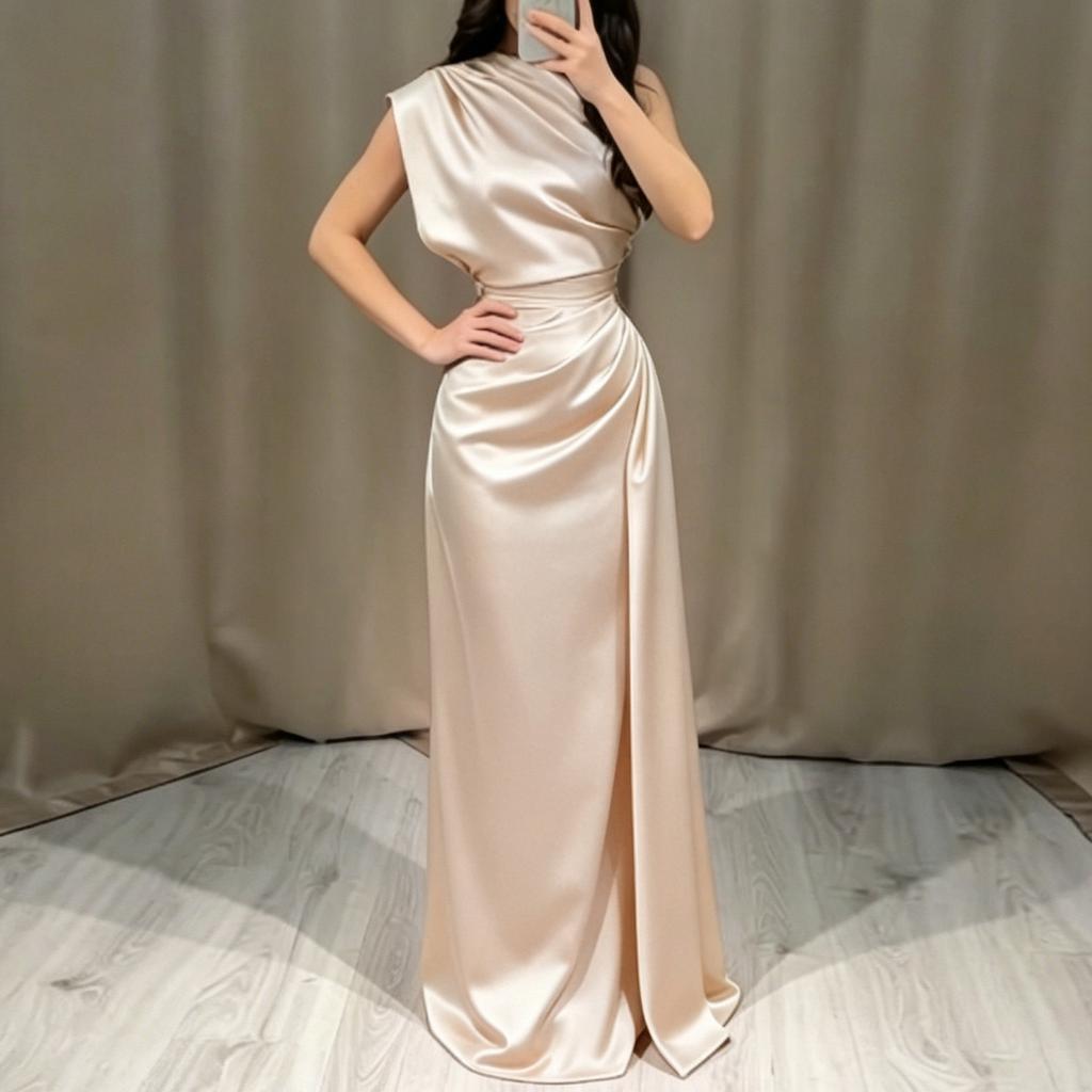 Women's Satin Round Neck Long Pleated Waist Dress for Evening Party