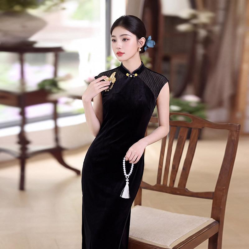 Black Velvet Sleeveless National Style New Chinese Suzhou Long Cheongsam Improved Young Women's High-end Dress Spring and Autumn