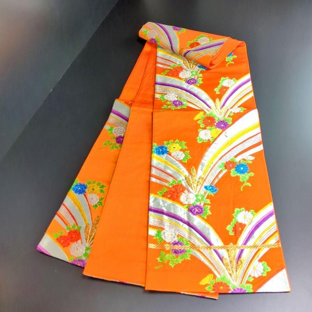 Used H-204 Fukuro obi 6 pieces Pure silk 9 inch Karaori Chrysanthemum Peony Aurora Orange