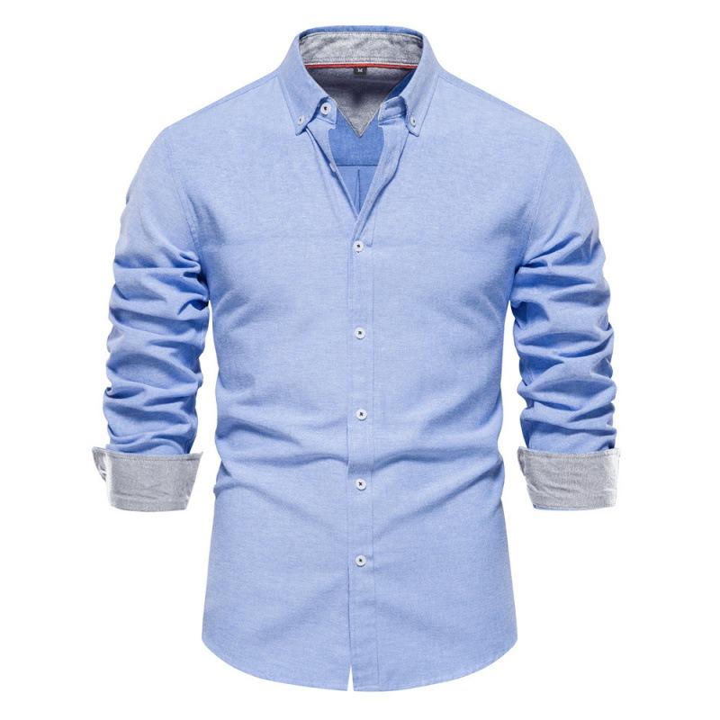 Men's Long Sleeve Button-Up Shirt, Cotton Blend Color Block Collared Shirt, Breathable Wrinkle-Free Casual Top