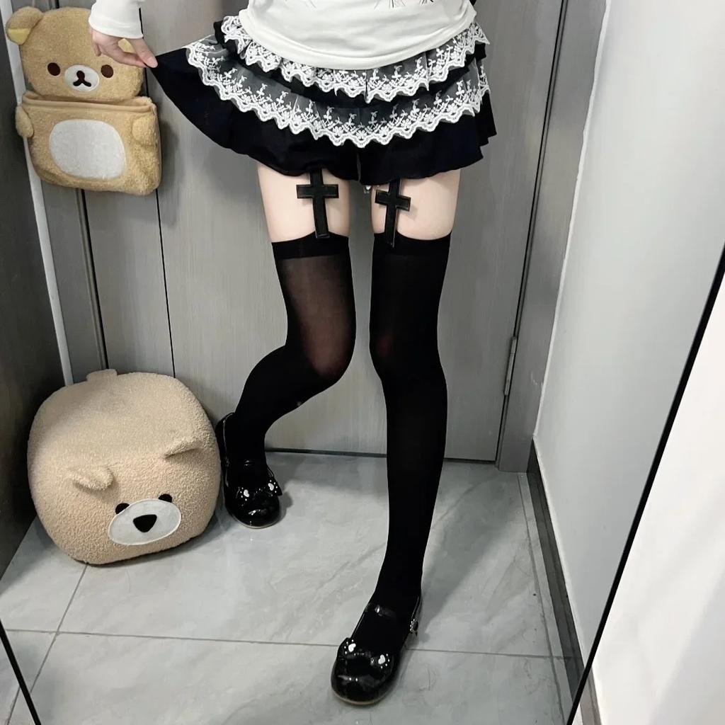 Stockings Women Gothic Suspender Lolita Thigh High Socks with Garters Punk Style Velvet Y2k Knee High Socks Thigh High Stockings