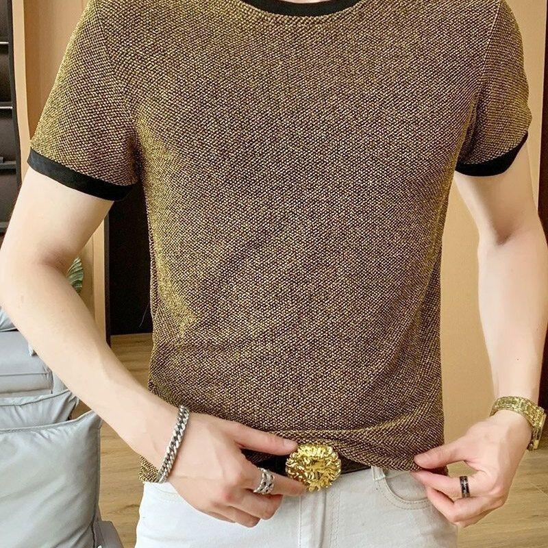 Shiny Silk Men O Neck Short Sleeve T Shirt Summer Fashion Hip Hop Punk Oversize Streetwear Golden Silver Party