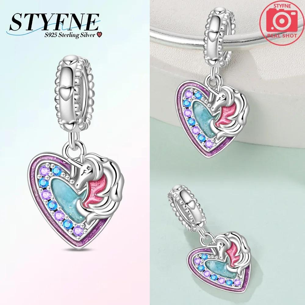 Exquisite Pink Color Charms Beads Copper Cute Girl Wonderland Unicorn Colour Heart Shape Pendant Fit Bangle Bracelet Jewelry