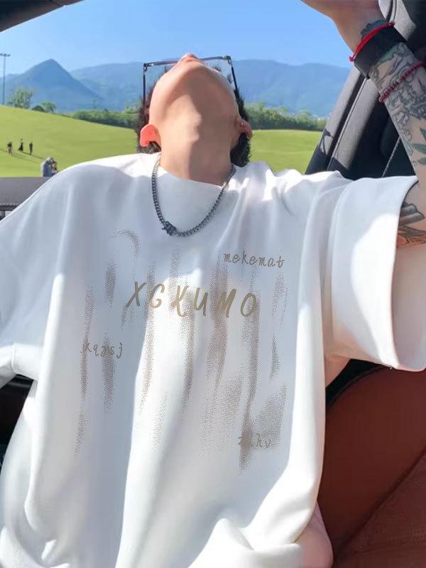 Men s Oversized Cool American Style Heavyweight Cotton Letter Print T-Shirt M (40-50 kg)