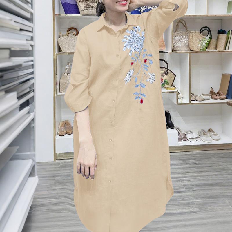 ZANZEA Women Casual Turn Down Collar 3/4 Sleeve Loose Embroidered Shirt Dress