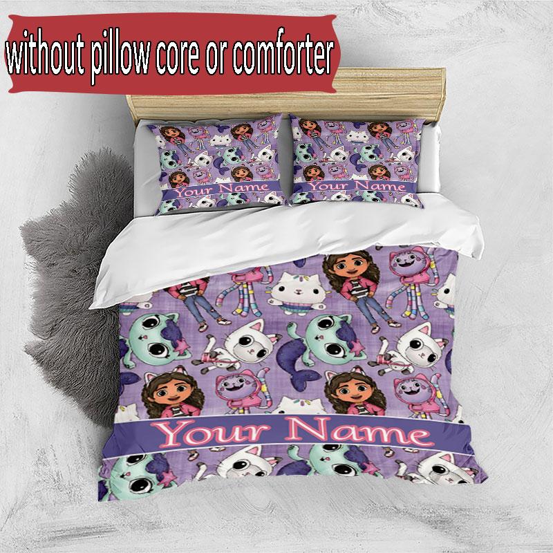 3pcs Duvet Cover Set (1*Duvet Cover + 2*Pillowcase, Without Core), Custom Name Gabby's Dollhouse Pattern Bedding Set, Home Bedroom Decor Gift
