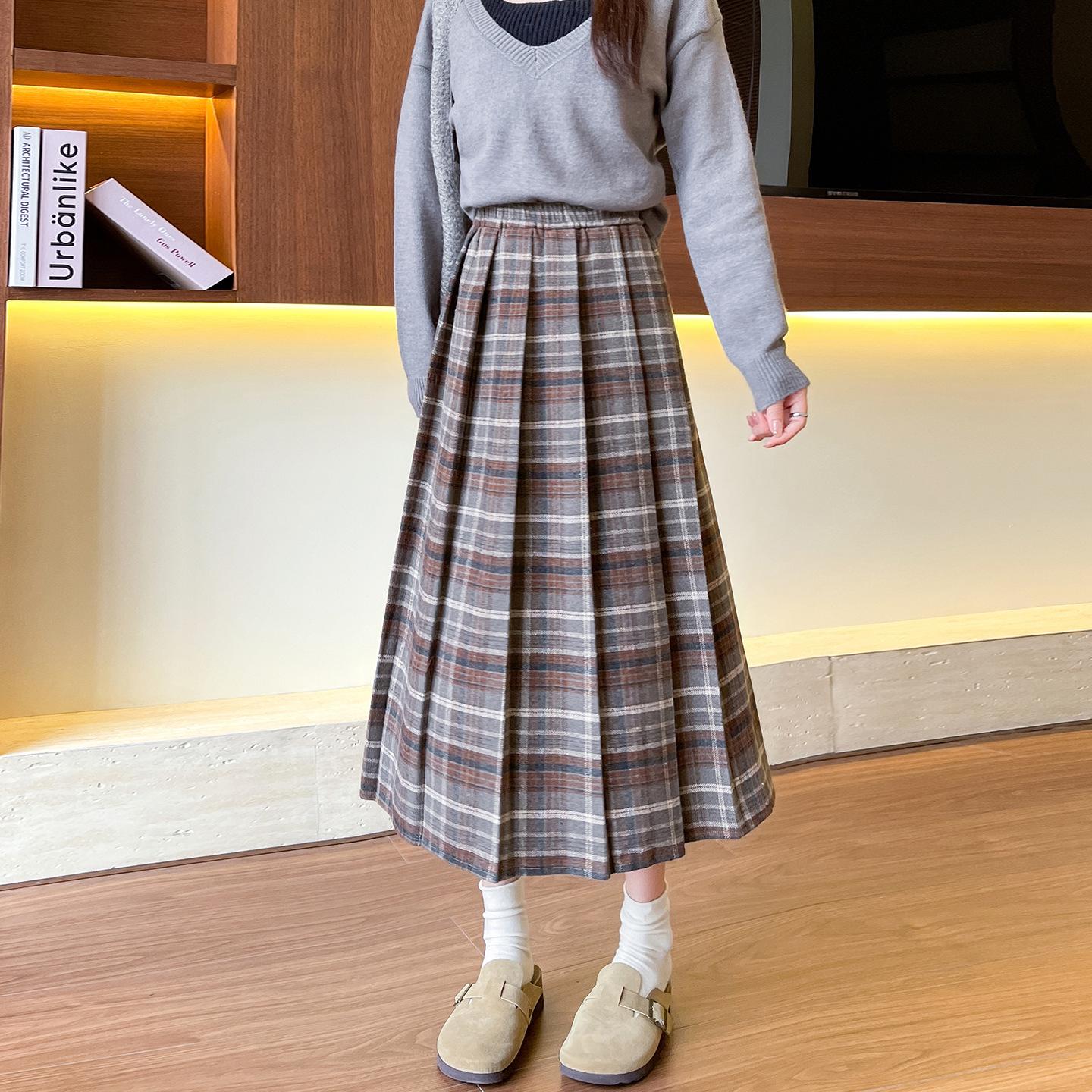 Women s High-Waist A-Line Woolen Plaid Skirt - Mid-Length, Pleated, Slimming, Elastic Waist Medium