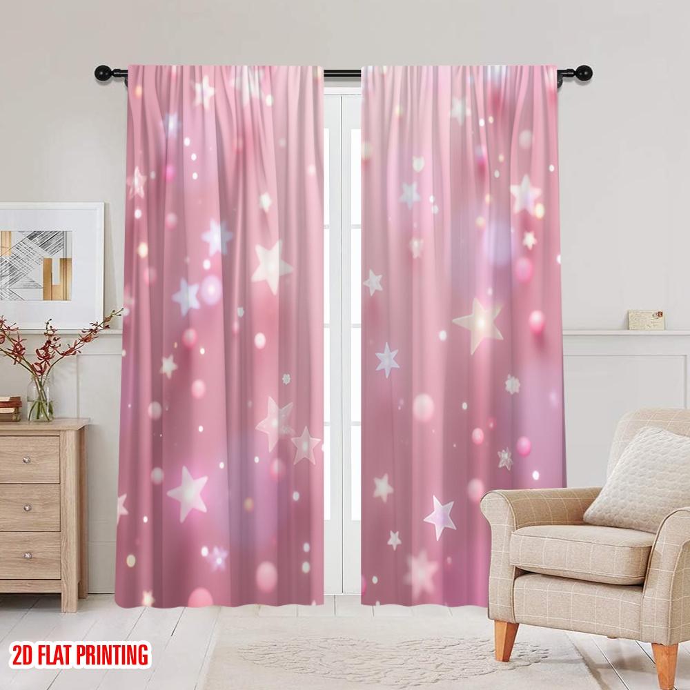 2D flat printing 2pcs Curtain Pink Starry Sky Versatile Polyester Fabric  Without Electricity Versatile Perfect for room decor