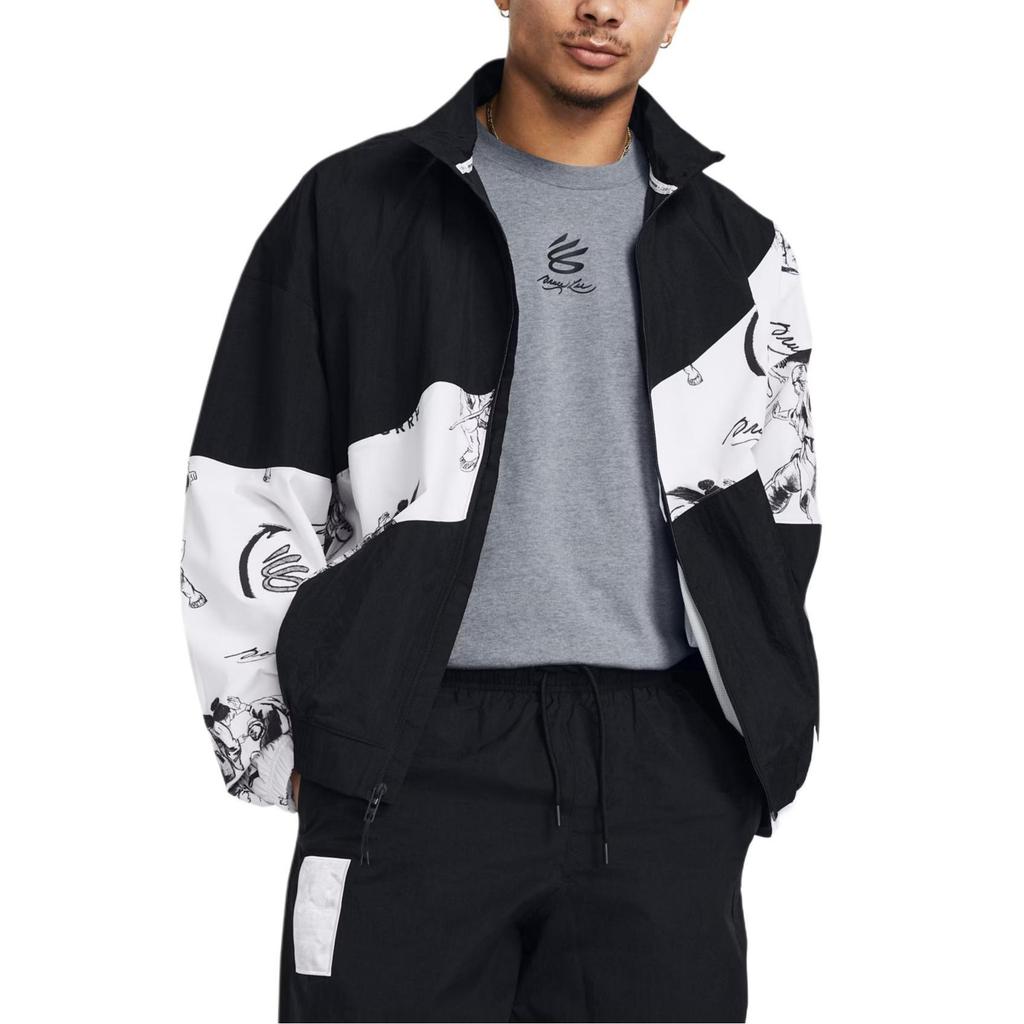 Under Armour Curry X Bruce Lee Collaboration Color Block Printed Waterproof Wrinkled Zip-Up Jacket Men Black 1382885-001