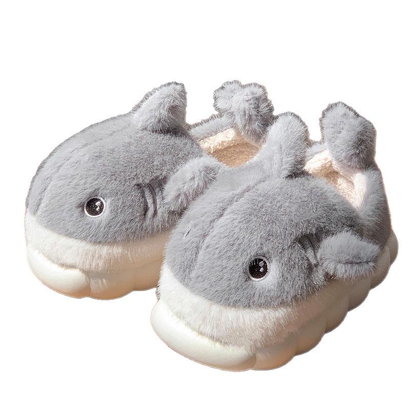 Men's and Women's Shark Cartoon Cotton Slippers: Non-slip, Plush, Thick-soled, Full Heel, Indoor/Outdoor Winter Warm Footwear