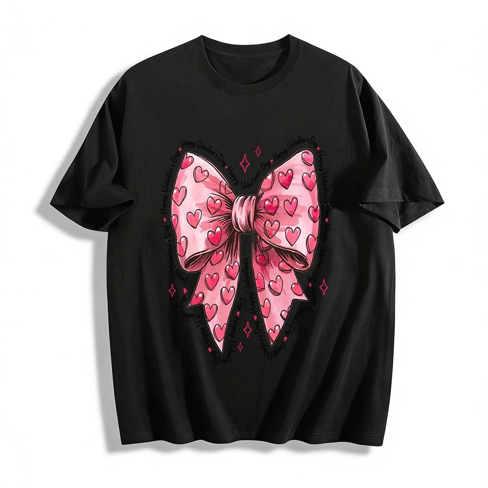 Valentine s Day Pink Heart Bow Print Casual Crewneck Top Pure cotton T-shirt XXS