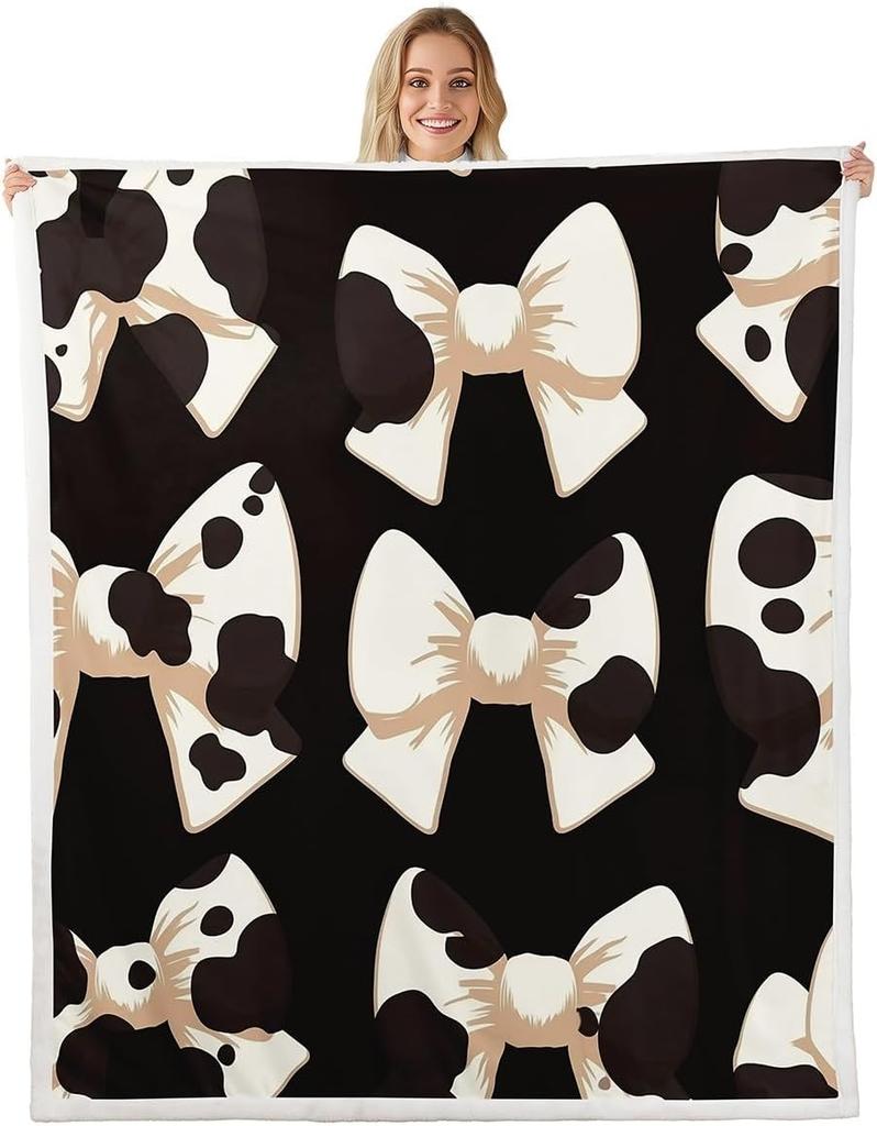 Blue Bow Pattern Blanket Soft Fleece Throw Elegant Home Decor Gift for Women Girls Bedroom Bedding Cover