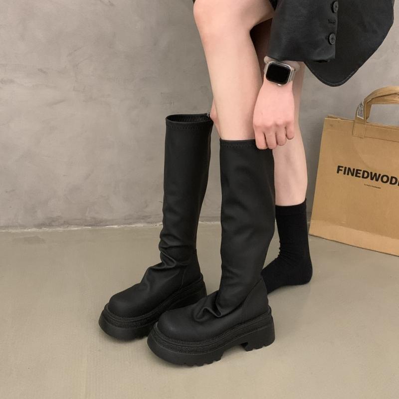 Fashion Autumn Winter Cosy Soft Leather Woman Knee High Boots Designer Round Toe Long Booties Square Heels Shoes
