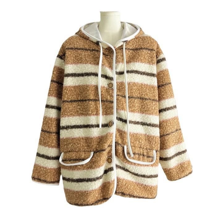 Xin Xing EONEE Women's Retro Striped Lamb Wool Hooded Jacket - Autumn/Winter