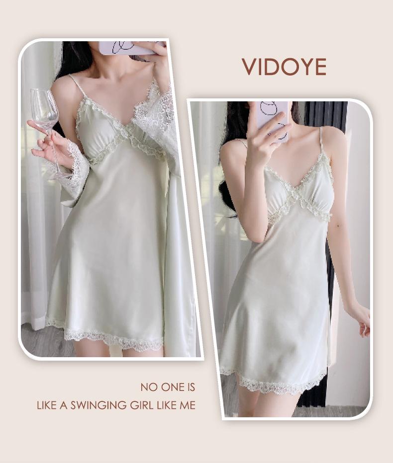 Set de pijamale din dantelă din mătase de gheață: Cămașă de noapte și halat de vară cu cupe