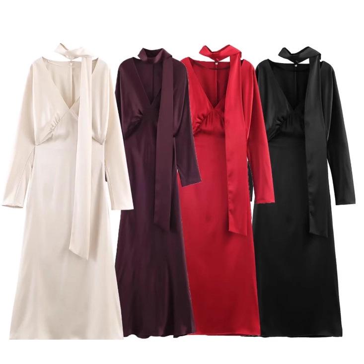 European American Women's Silk Satin Scarf Dress - Fashionable and Slim-Fitting with Chic Temperament