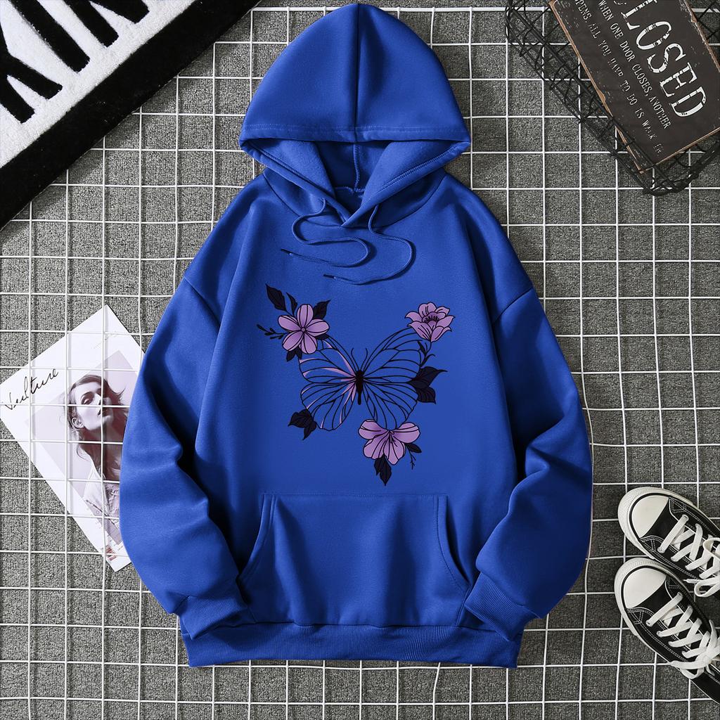 European and American Basic Butterfly Printing Casual Hooded Sweater Women's Autumn and Winter with the Same Versatile Loose Top