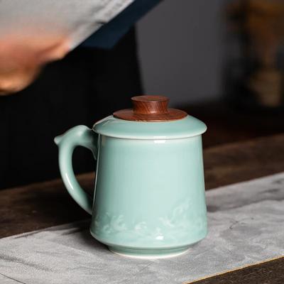 455ml Handmade Longquan Celadon Office Water Cup Chinese Conference Cup with Lid for Tea Making Personal Cup