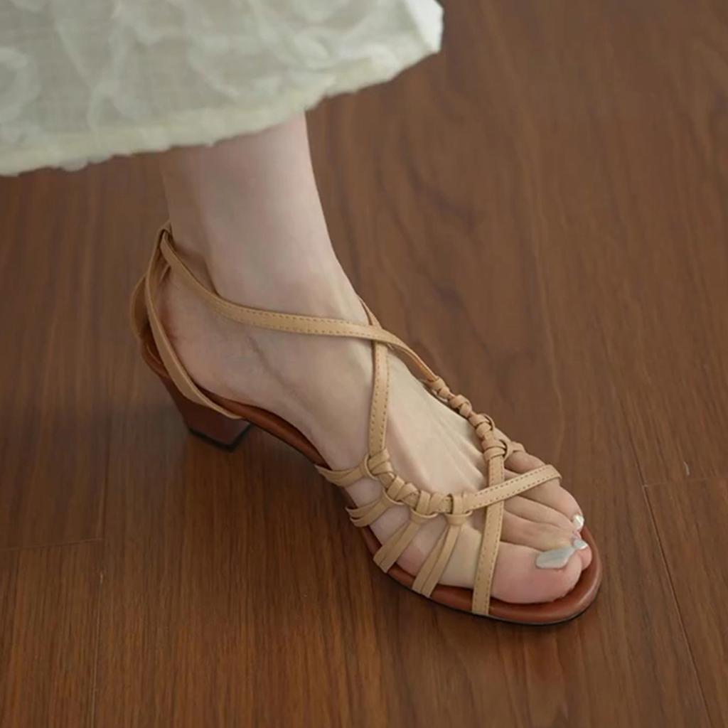 Soft leather version~ hand-woven hollowed-out vacation style high-heeled Roman shoes women's summer open-toed temperament with skirt sandals