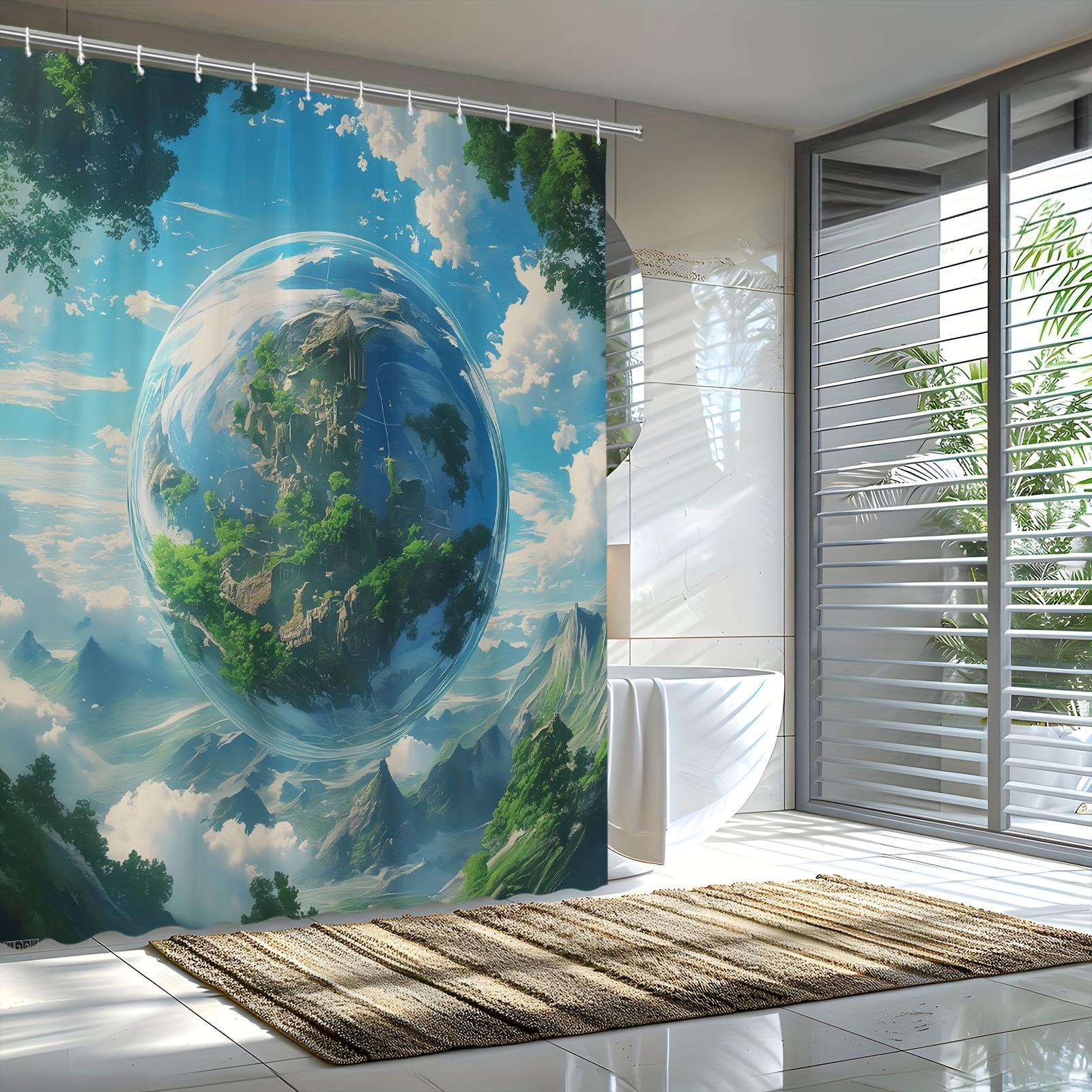 

Serene Mountain Landscape Shower Curtain – Clouds & Blue Sky, Digital Photoshop Art, Polyester Fabric, Includes 12 Hooks W60H190(CM)-1 Pcs