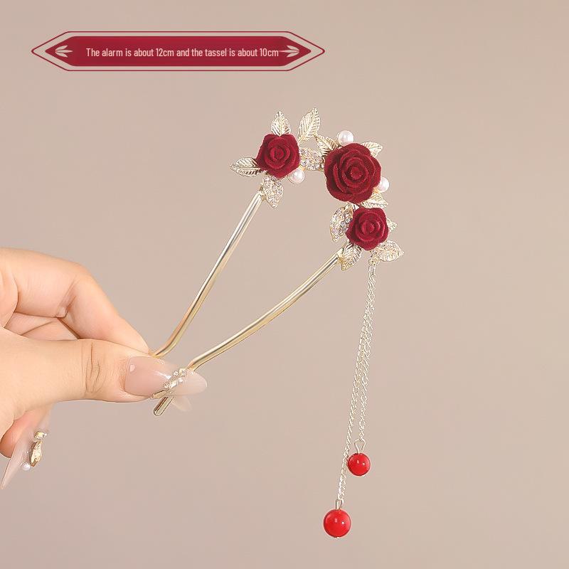 

Шпилька для волосся з червоною квіткою та китицею в китайському стилі для жінок