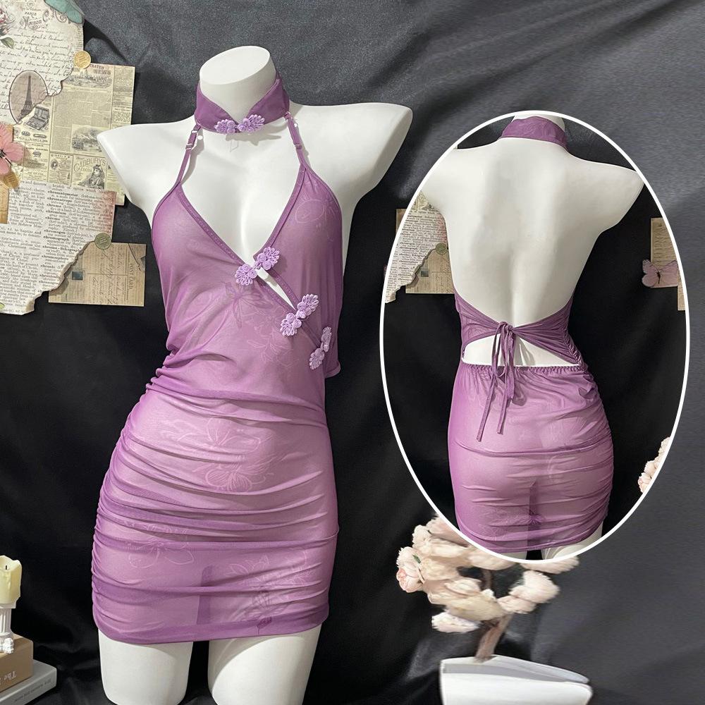 Sex Underwear Pure Desire Purple Cheongsam Sexy Pajamas Women's Antique Butterfly Love Flower Perspective Strap Uniform Free
