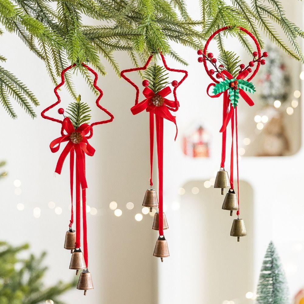 Iron Retro Christmas Bell Red Star Bow Car Decoration Xmas Tree Hanging Bells  Home Decoration