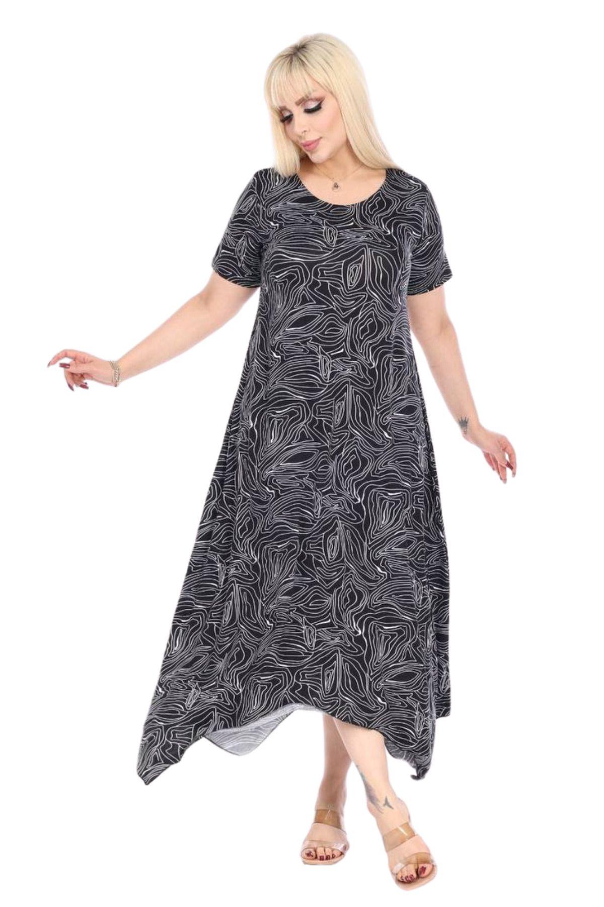 

Women s Big Size Dress Black Short Sleeve Patterned Asymmetrical Cut Plus Size Dress