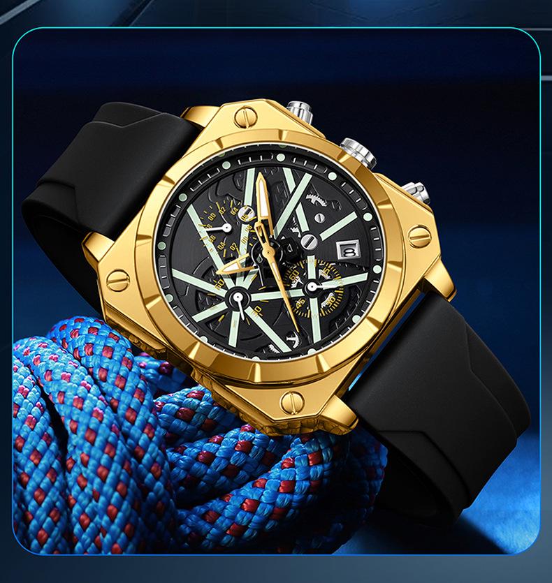 OFNS Men's Six-Needle Chronograph Quartz Watch with Luminous Bar Markers, Square Face, Waterproof, and Calendar.