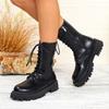 Women's Fashion Round Toe Square Heel Lace-up Side Zipper Mid-tube Retro All-match Street Style Autumn Women Boots 36-41