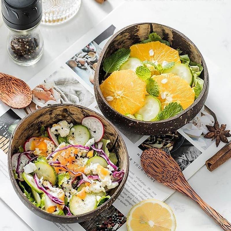 1PC New Natural Coconut Bowl Wooden Handmade Coconut Bowls For Eating Tableware Fork Spoon For Dessert Fruit Salad Mixing Rice