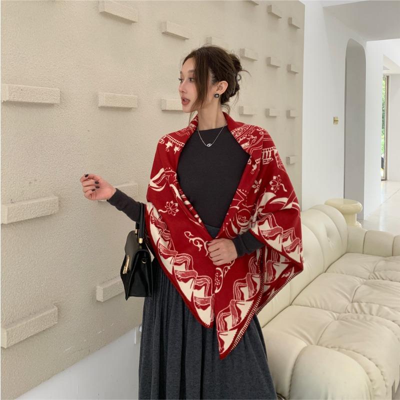 Autumn and Winter Wool Silk Thick Jacquard Shawl Women's High Sense Enlarged Versatile Scarf Dual-purpose Thermal Blanket