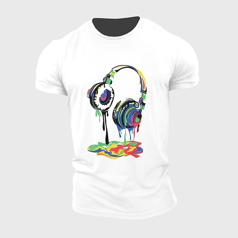 Men's Short Sleeve Graphic T-Shirt, Colorful Paint Drip Headphones Design, Music Lover Lifestyle