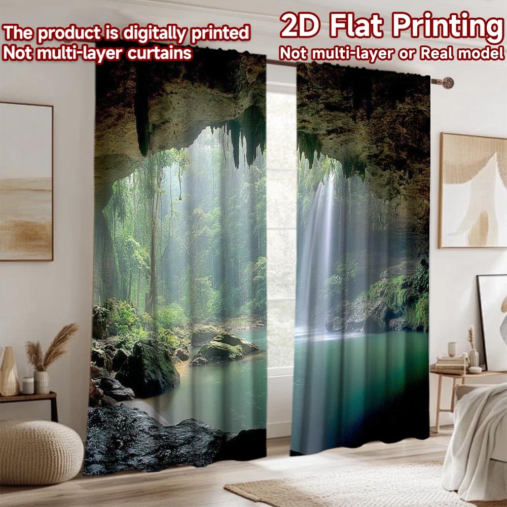 2D Flat Printing 2pcs Window Curtains Cave Waterfall Forest Nature Digital Printed Polyester Drapes Seasonal Party & Holiday