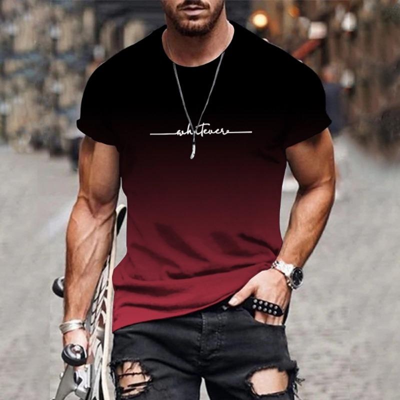 Men's Gradient Letter Printed Comfortable and Breathable Round Neck T-shirt Outdoor Street Fashion Top