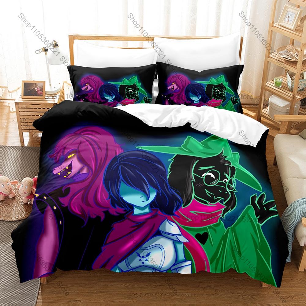 Deltarune Chapter 2 Fantastyczna Pikselowa Gra Przygodowa Pościel Zestaw Poszewka na Kołdrę + 2 Poszewki na Poduszki Wystrój Pokoju Nastolatka Gracza