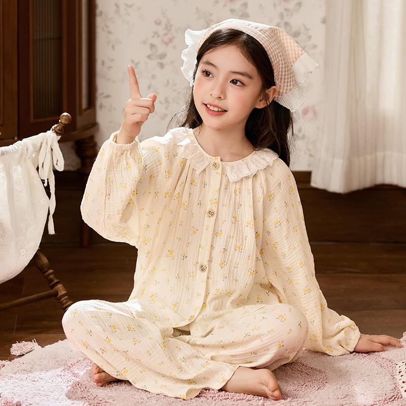 Cotton Gauze Kids Pajama Set Girls Long Sleeve Floral Print Sleepwear Comfortable Home Outfit