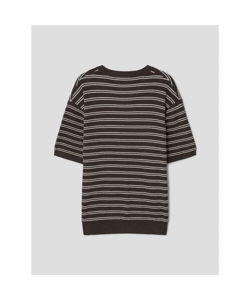 8SECONDS Washable Striped Henley Neck Pullover Brown