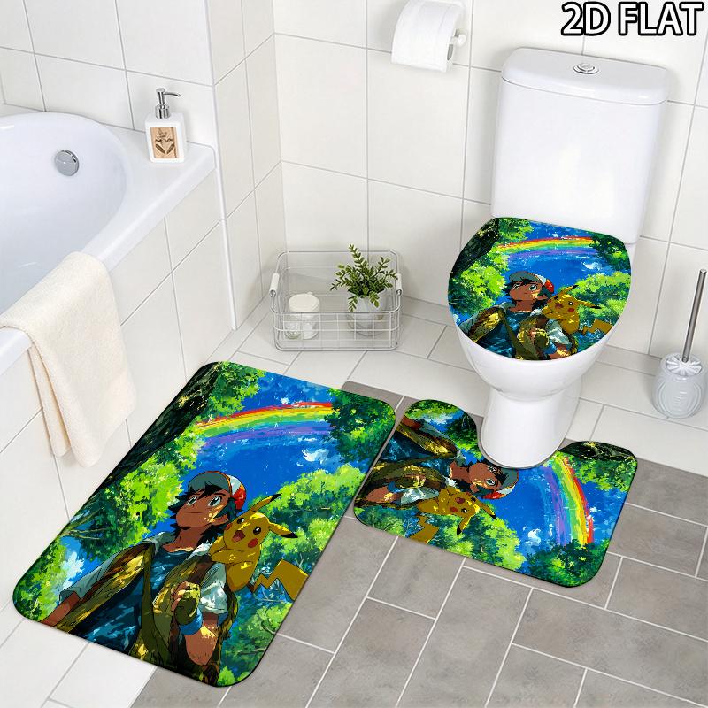 3pcs Ash Ketchum Pikachu Art Pattern Flannel Nonslip Absorbent Washable Decorative Bathroom Home Toilet Seat Cover Mat