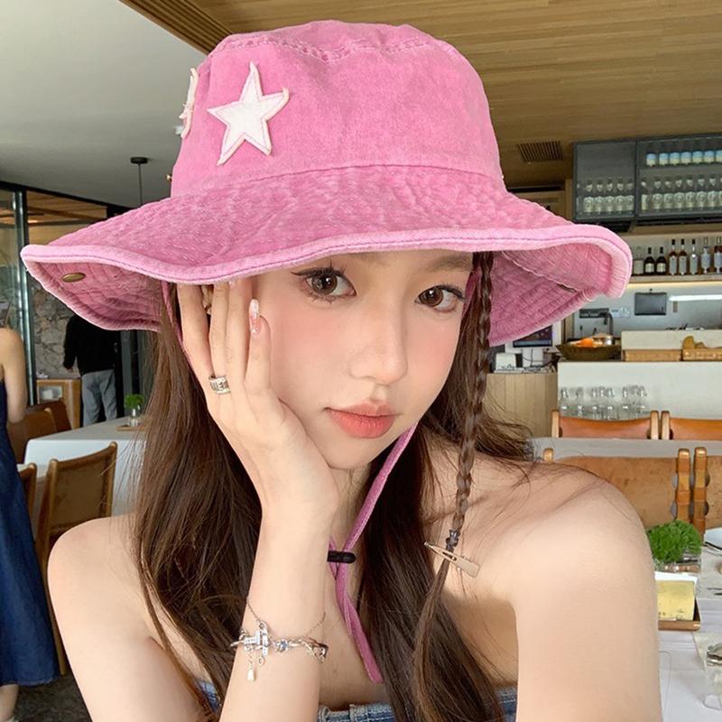 Punk Star Wide Brim Cowboy Hat For Women Girl Soft Cotton Fordable Sunshade Fisherman Cap Outdoor Fishing Climbing Denim Hats