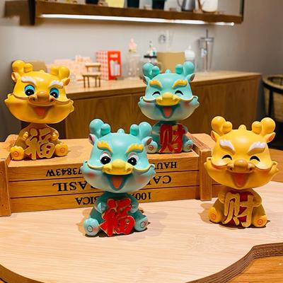 New Year of 2024 Mascot Lucky Dragon Figurine with Head Shaking Car Dashboard Decoration Chinese Zodiac Dragon Statue Miniature Resin Ornament