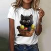 Women's summer short sleeved black cute cat printed T-shirt