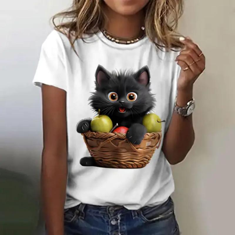 Women's summer short sleeved black cute cat printed T-shirt
